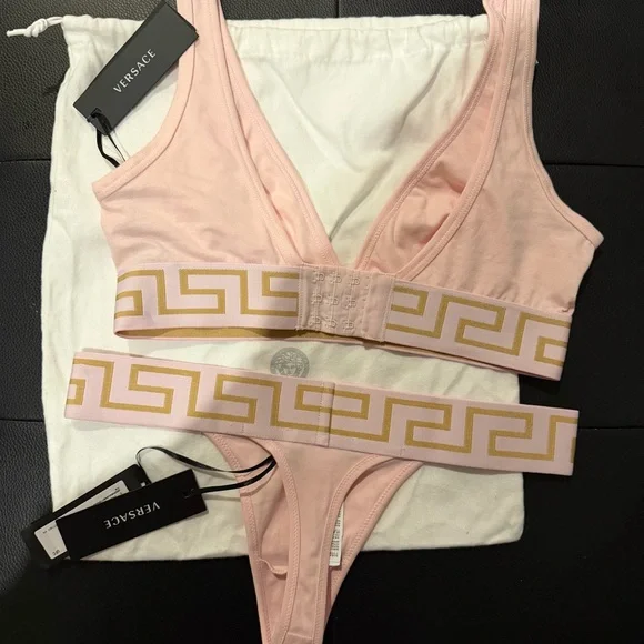 NEW NWT Versace Pink Gold Greca Bra and Thong underwear set sz 2 bralette $$290